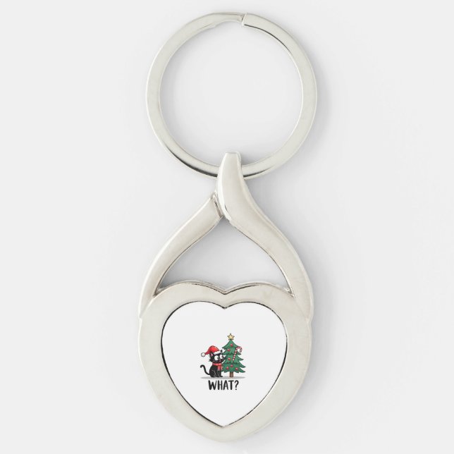 Funny Black Cat Gift Pushing Christmas Tree Over C Key Ring (Front)