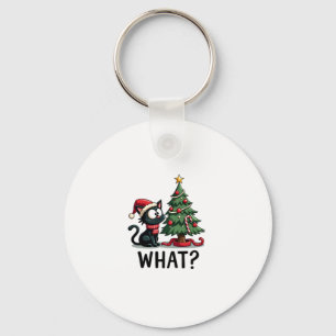Funny Black Cat Gift Pushing Christmas Tree Over C Key Ring