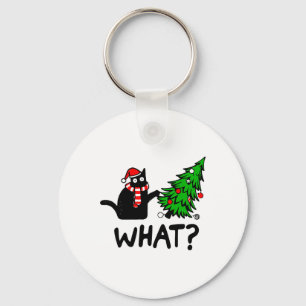 Funny Black Cat Gift Pushing Christmas Tree Over C Key Ring