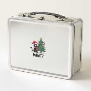 Funny Black Cat Gift Pushing Christmas Tree Over C Metal Lunch Box