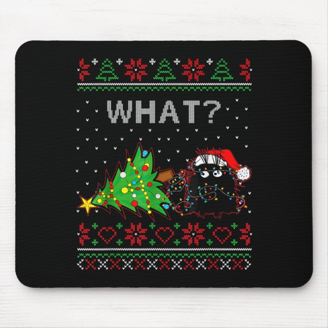 Funny Black Cat Gift Pushing Christmas Tree Over C Mouse Mat (Front)