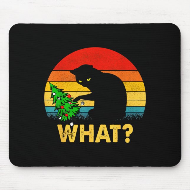 Funny Black Cat Gift Pushing Christmas Tree Over C Mouse Mat (Front)