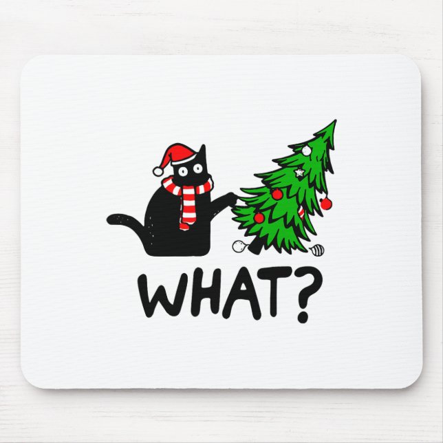 Funny Black Cat Gift Pushing Christmas Tree Over C Mouse Mat (Front)