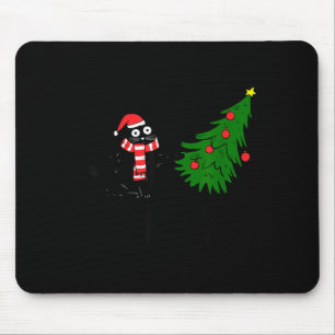 Funny Black Cat Gift Pushing Christmas Tree Over C Mouse Mat