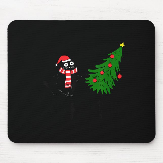 Funny Black Cat Gift Pushing Christmas Tree Over C Mouse Mat (Front)