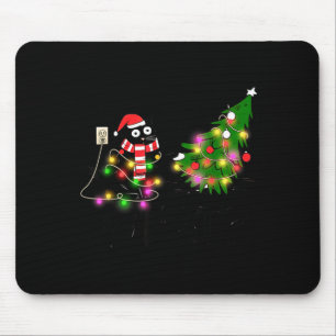 Funny Black Cat Gift Pushing Christmas Tree Over C Mouse Mat