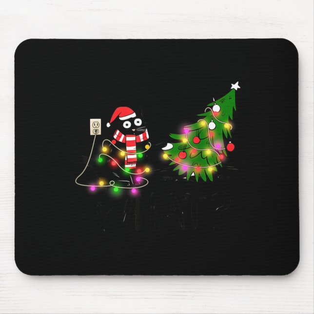 Funny Black Cat Gift Pushing Christmas Tree Over C Mouse Mat (Front)