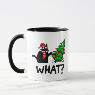 Funny Black Cat Gift Pushing Christmas Tree Over C Mug