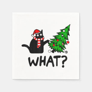 Funny Black Cat Gift Pushing Christmas Tree Over C Napkin