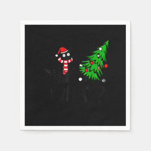 Funny Black Cat Gift Pushing Christmas Tree Over C Napkin