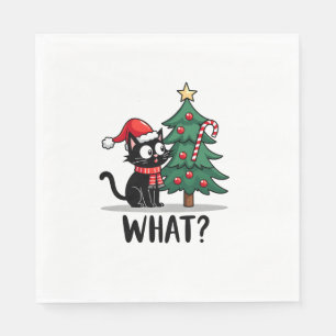 Funny Black Cat Gift Pushing Christmas Tree Over C Napkin