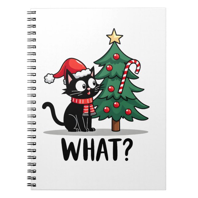 Funny Black Cat Gift Pushing Christmas Tree Over C Notebook (Front)