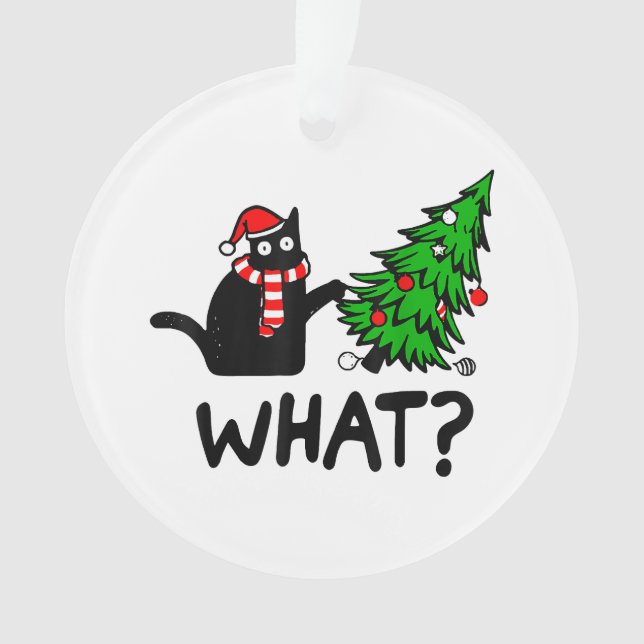 Funny Black Cat Gift Pushing Christmas Tree Over C Ornament (Front)