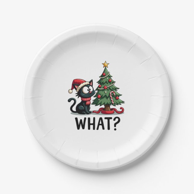 Funny Black Cat Gift Pushing Christmas Tree Over C Paper Plate (Front)