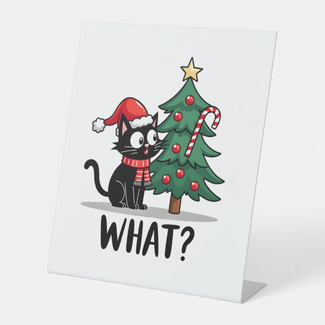 Funny Black Cat Gift Pushing Christmas Tree Over C Pedestal Sign (Front)