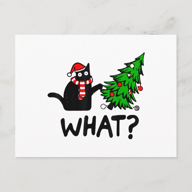 Funny Black Cat Gift Pushing Christmas Tree Over C Postcard (Front)