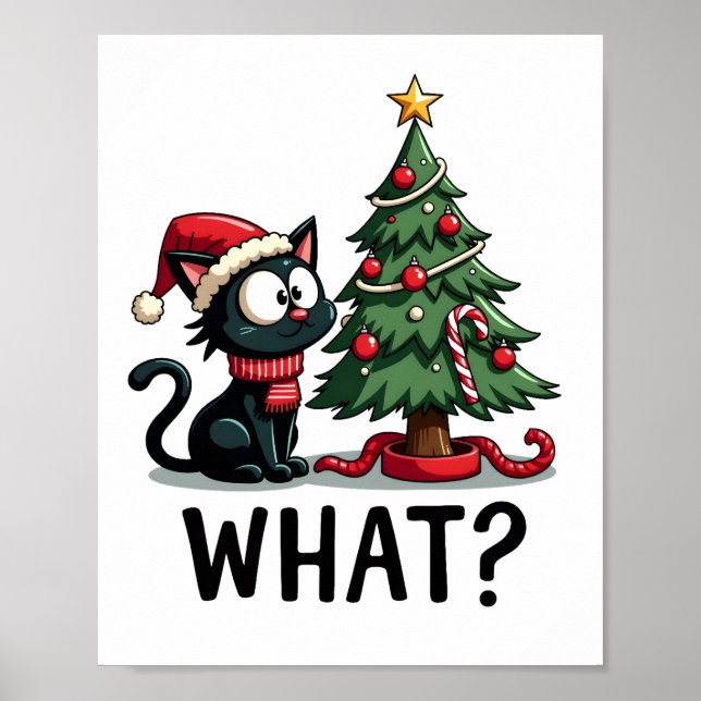 Funny Black Cat Gift Pushing Christmas Tree Over C Poster (Front)
