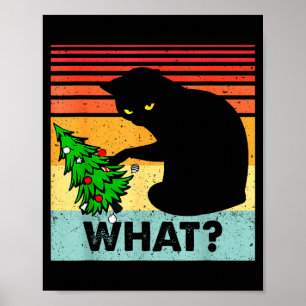 Funny Black Cat Gift Pushing Christmas Tree Over C Poster