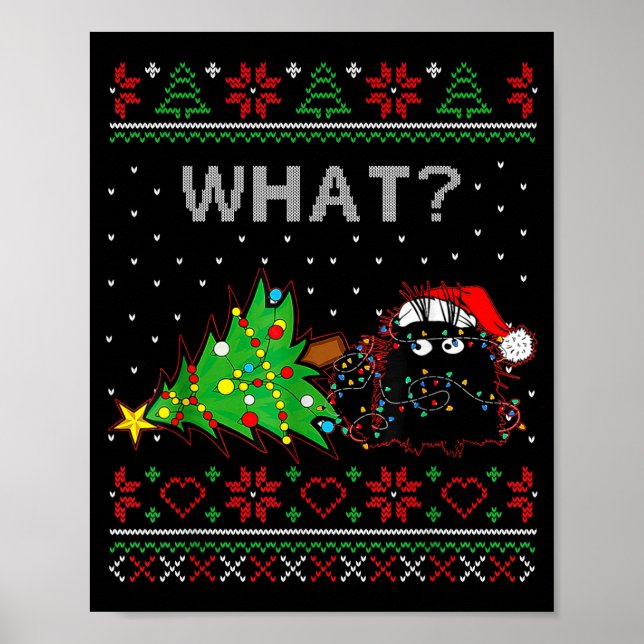 Funny Black Cat Gift Pushing Christmas Tree Over C Poster (Front)