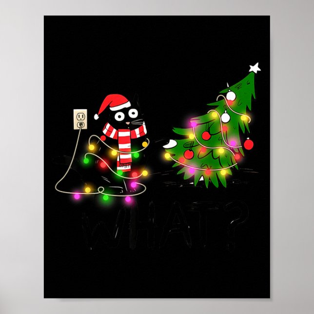 Funny Black Cat Gift Pushing Christmas Tree Over C Poster (Front)