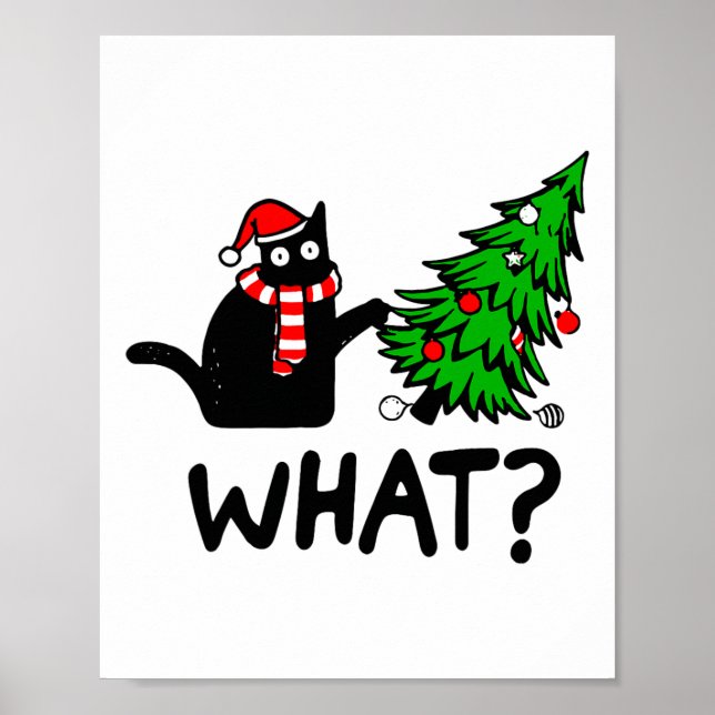 Funny Black Cat Gift Pushing Christmas Tree Over C Poster (Front)