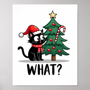 Funny Black Cat Gift Pushing Christmas Tree Over C Poster