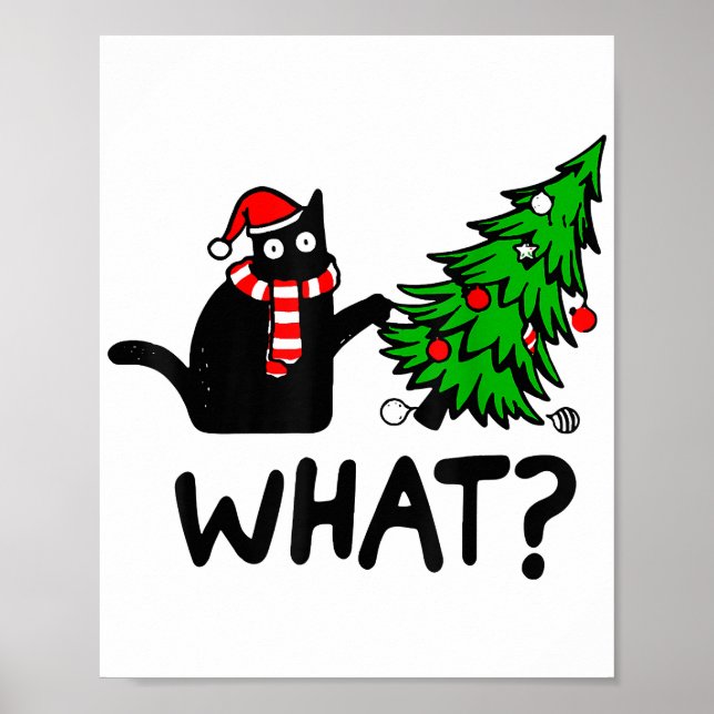 Funny Black Cat Gift Pushing Christmas Tree Over C Poster (Front)
