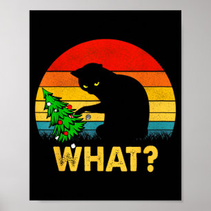 Funny Black Cat Gift Pushing Christmas Tree Over C Poster