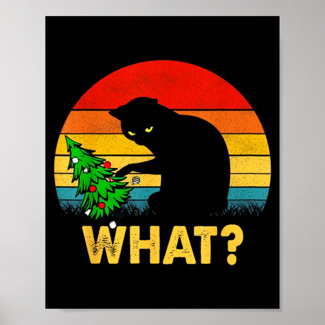 Funny Black Cat Gift Pushing Christmas Tree Over C Poster (Front)
