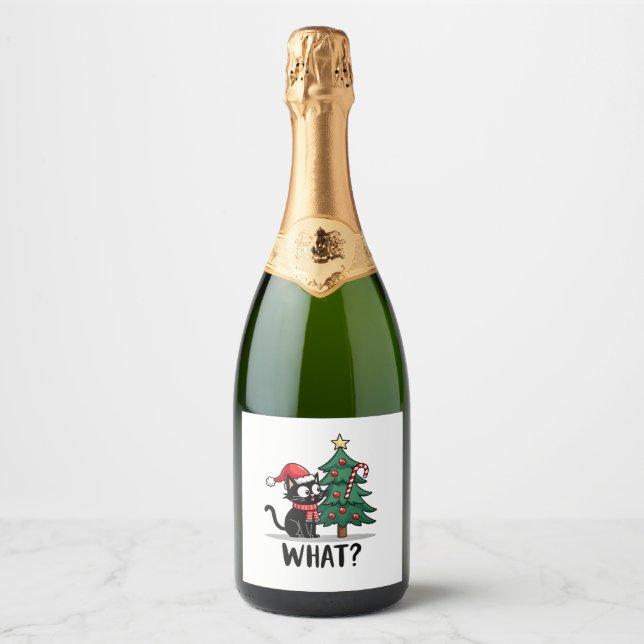 Funny Black Cat Gift Pushing Christmas Tree Over C Sparkling Wine Label (Front)