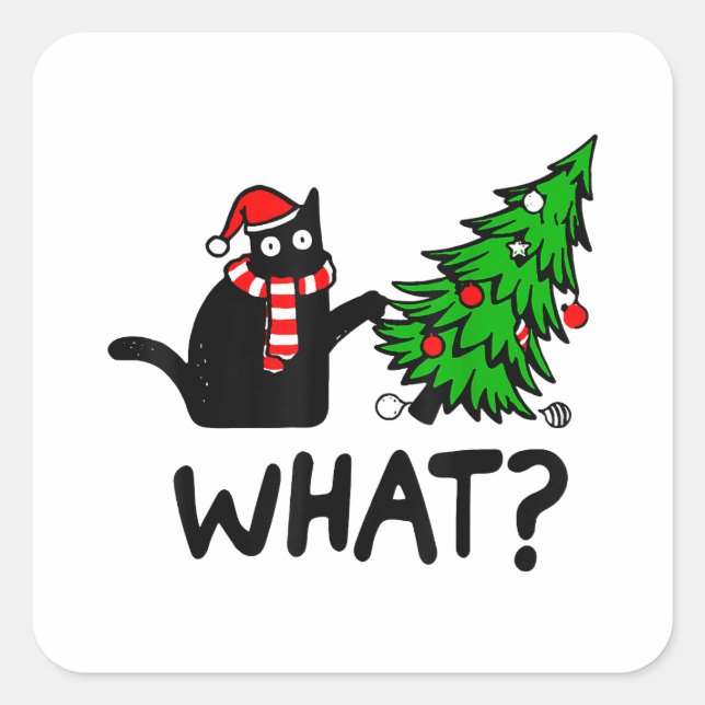Funny Black Cat Gift Pushing Christmas Tree Over C Square Sticker (Front)