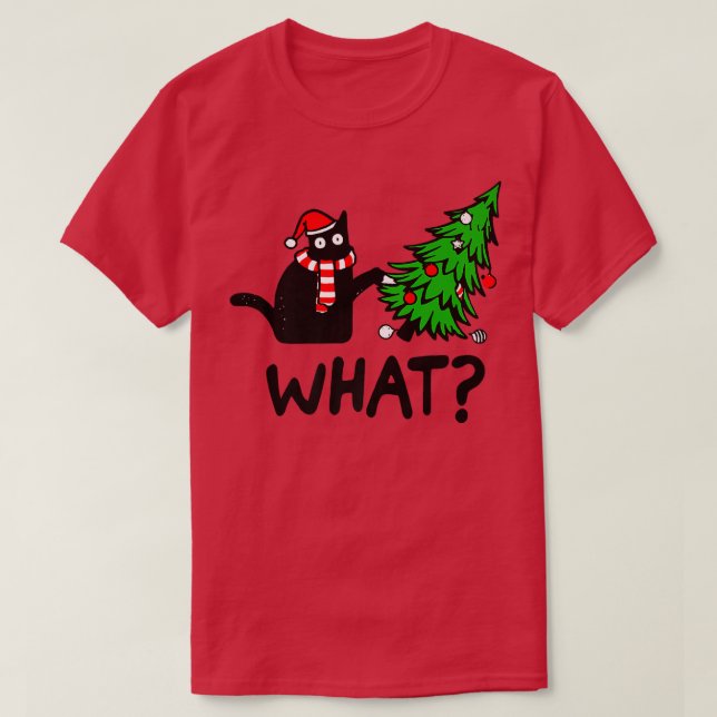 Funny Black Cat Gift Pushing Christmas Tree Over C T-Shirt (Design Front)