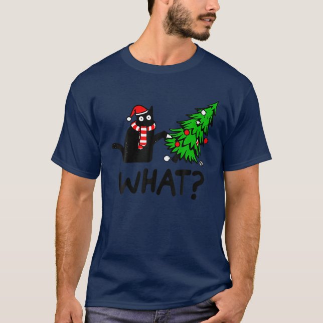 Funny Black Cat Gift Pushing Christmas Tree Over C T-Shirt (Front)