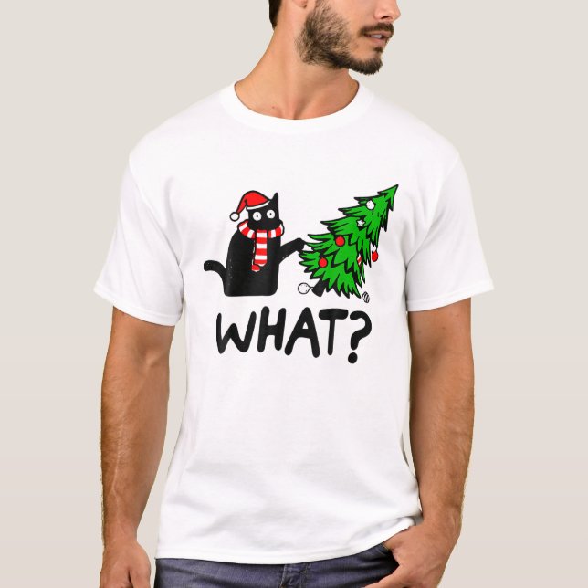 Funny Black Cat Gift Pushing Christmas Tree Over C T-Shirt (Front)