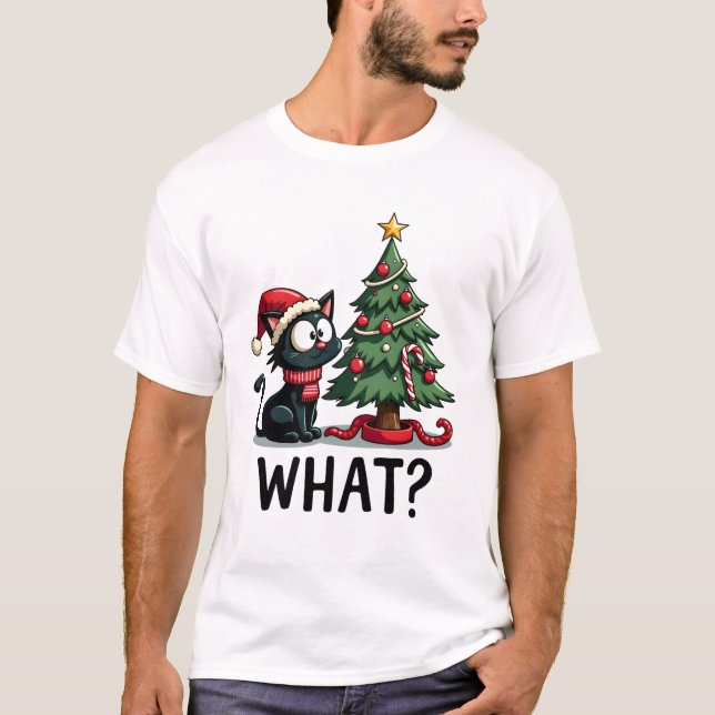 Funny Black Cat Gift Pushing Christmas Tree Over C T-Shirt (Front)