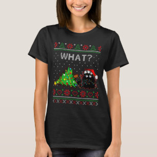 Funny Black Cat Gift Pushing Christmas Tree Over C T-Shirt