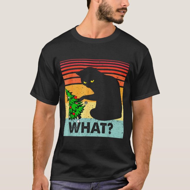 Funny Black Cat Gift Pushing Christmas Tree Over C T-Shirt (Front)