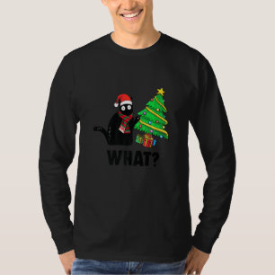 Funny Black Cat Gift Pushing Christmas Tree Over C T-Shirt
