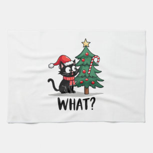 Funny Black Cat Gift Pushing Christmas Tree Over C Tea Towel