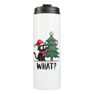 Funny Black Cat Gift Pushing Christmas Tree Over C Thermal Tumbler