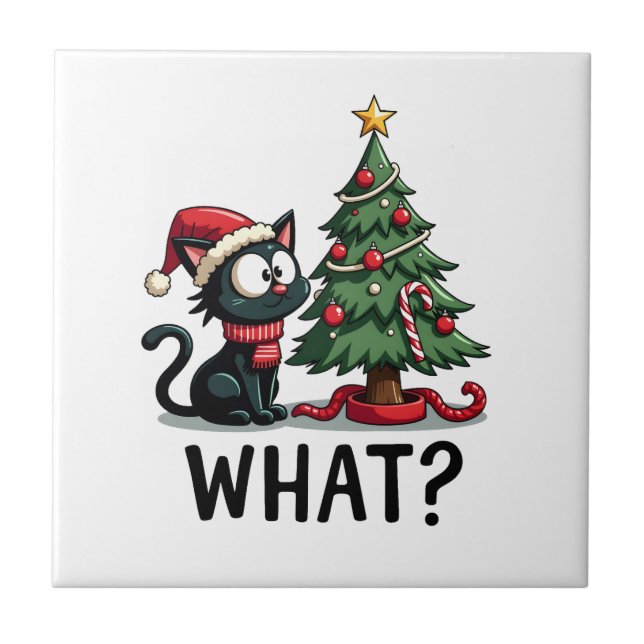 Funny Black Cat Gift Pushing Christmas Tree Over C Tile (Front)