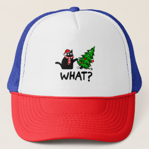 Funny Black Cat Gift Pushing Christmas Tree Over C Trucker Hat