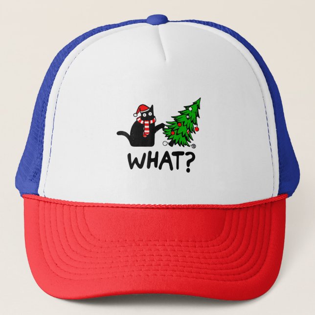 Funny Black Cat Gift Pushing Christmas Tree Over C Trucker Hat (Front)