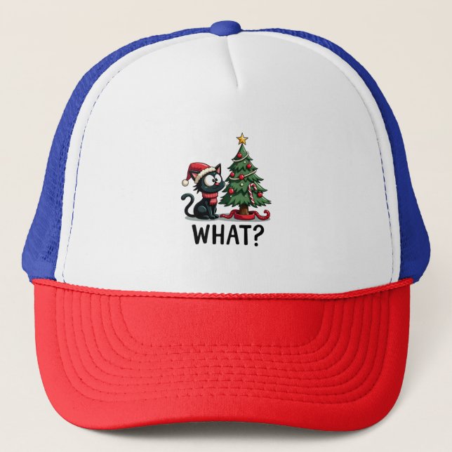 Funny Black Cat Gift Pushing Christmas Tree Over C Trucker Hat (Front)