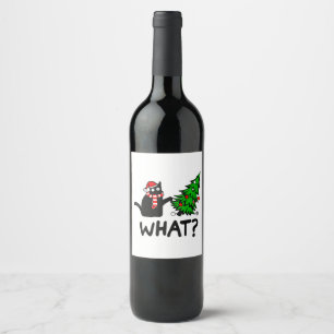 Funny Black Cat Gift Pushing Christmas Tree Over C Wine Label