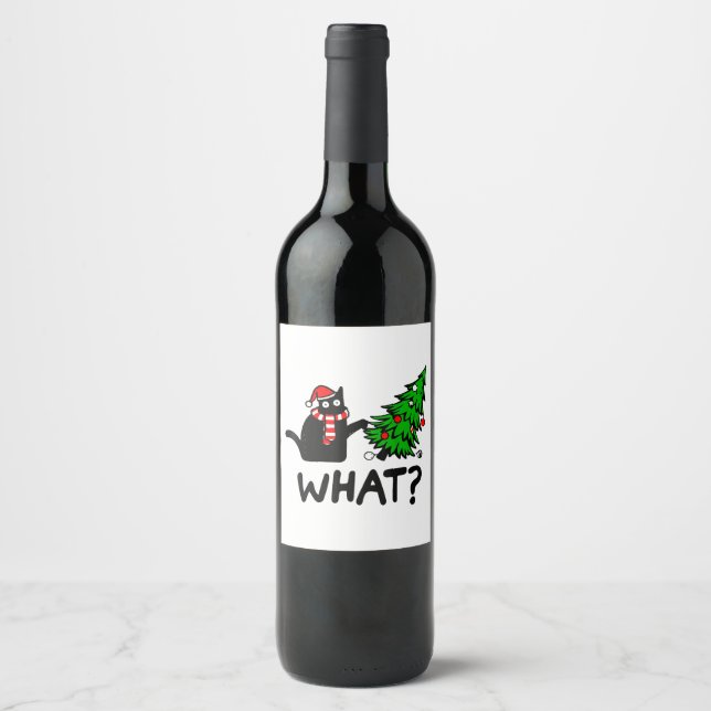 Funny Black Cat Gift Pushing Christmas Tree Over C Wine Label (Front)