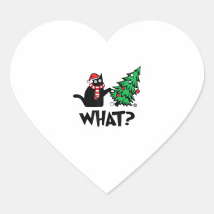 Funny Black Cat Gifts Pushing Christmas Tree Over  Heart Sticker