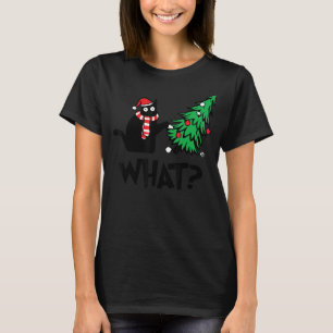 Funny Black Cat Gifts Pushing Christmas Tree Over T-Shirt