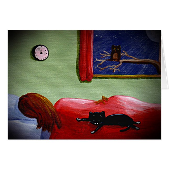 Funny Black Cat Girl Owl Card Creationarts (Front Horizontal)