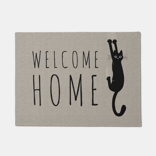 Funny Black Cat Hanging On | Cool Kitty Custom Doormat (Front)